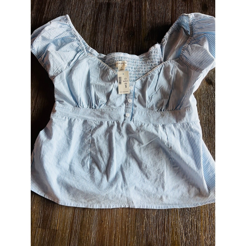 Aeropostale Womens Blue White Striped Smocked Back Puff Sleeve Blouse Large NWT
